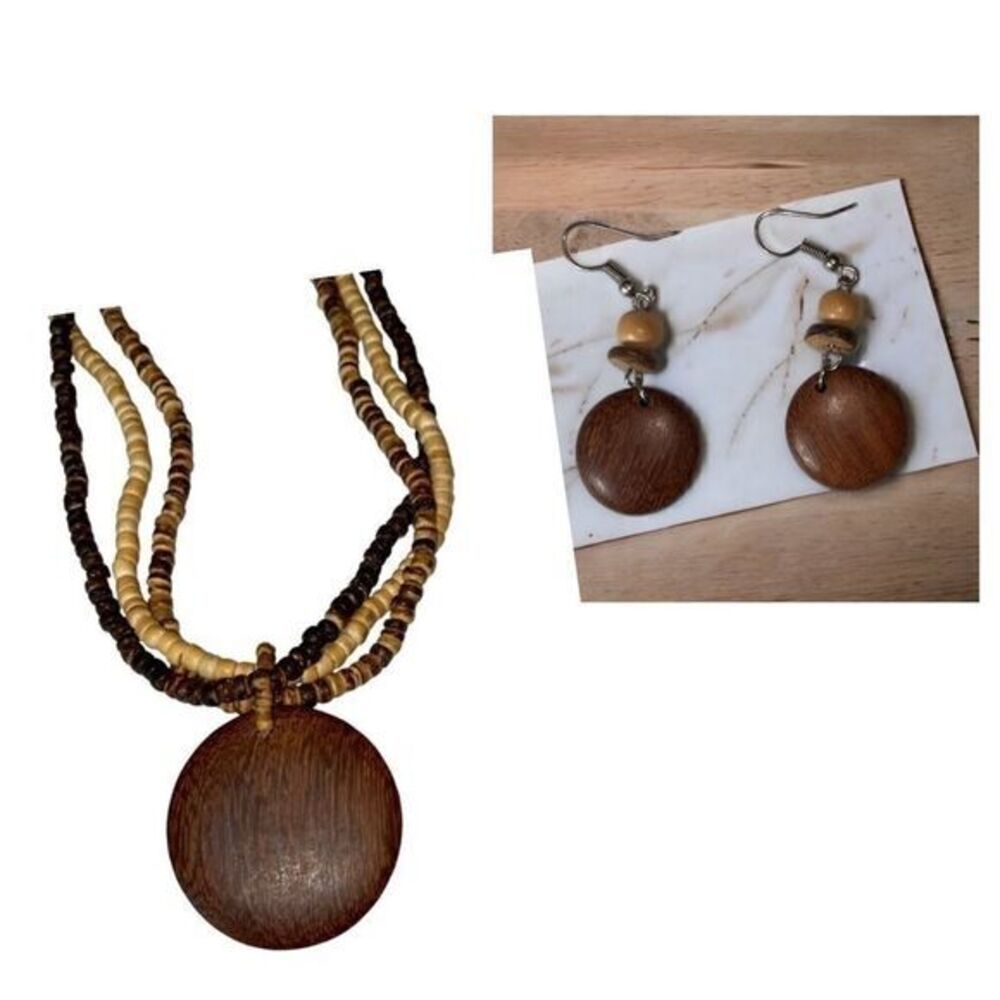 Necklace Earrings Wooden Beaded Pendant Statement 16" - 18" Boho Chic Festival